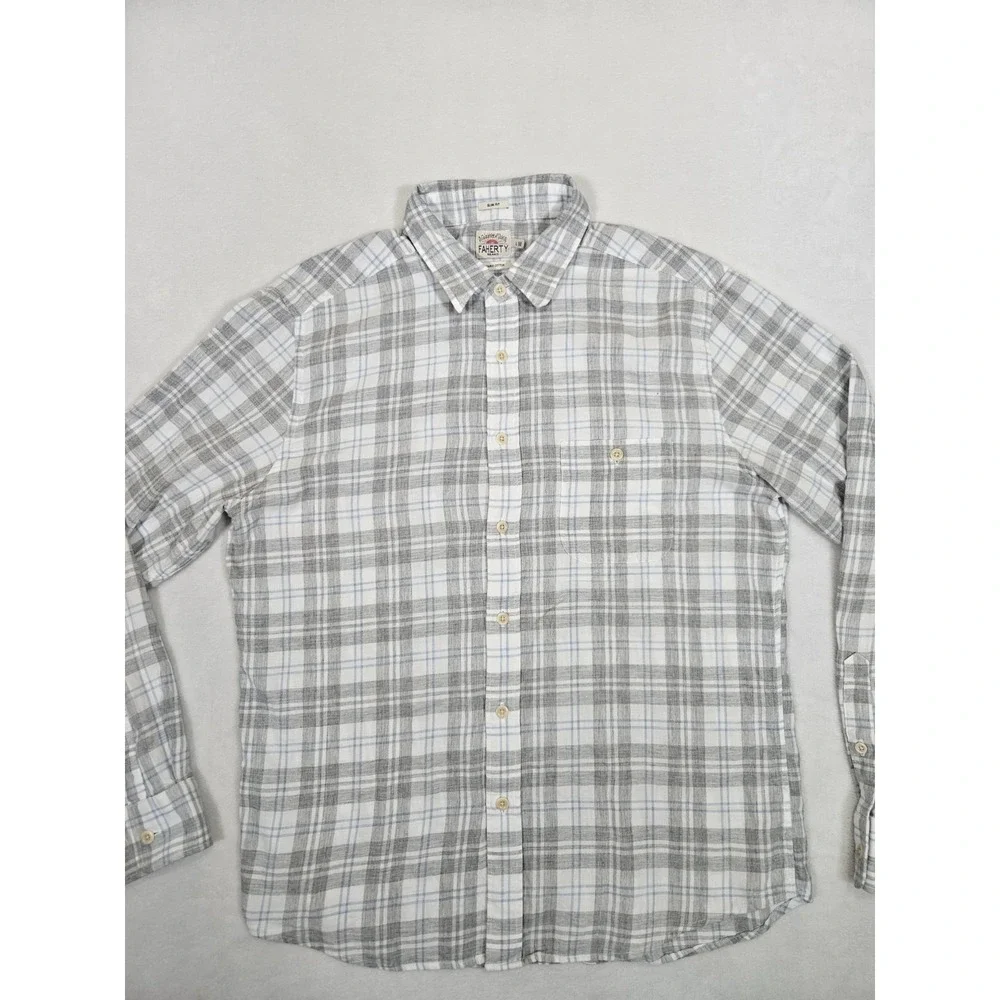 Faherty Stretch Featherweight Flannel Shirt Mens Larfe Gray Plaid Slim Fit LS - Picture 3 of 9